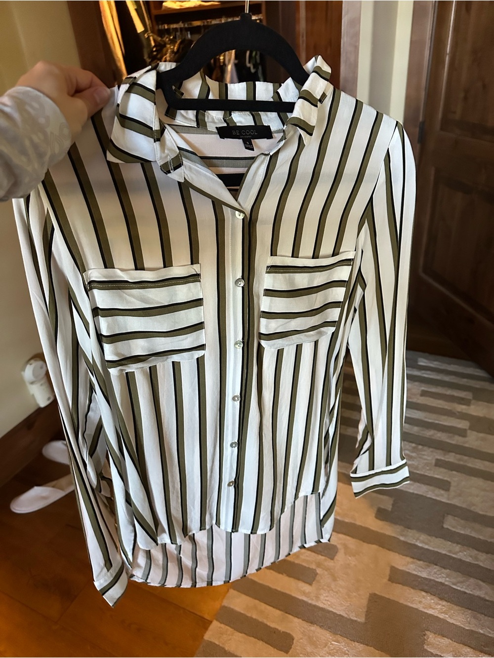 BE COOL Olive and White Striped Button-Up Top
